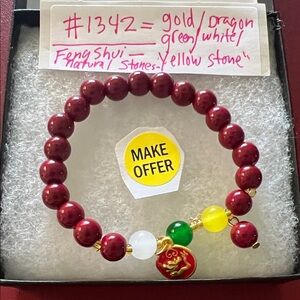 #1342= Feng Shui Cinnabar Red Beaded Bracelet with Dragon Charm
